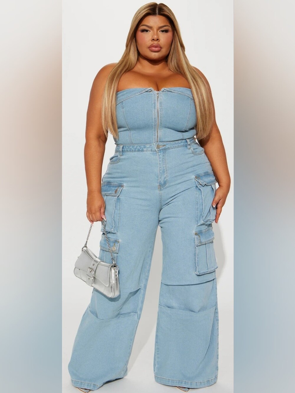 Fashion Nova Light Blue Denim Cargo Jumpsuit